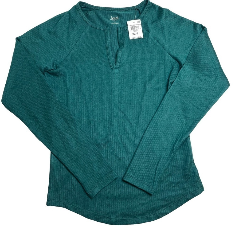 Jenni Split Neck Ribbed Pajama Top June Bug Dark Green Set of 2 Small - Picture 3 of 6